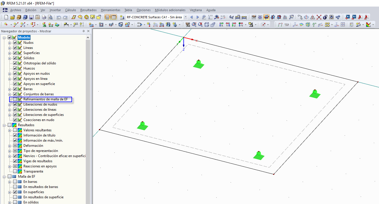 Mostrar navegador con la visualización desactivada del refinamiento de malla de elementos finitos