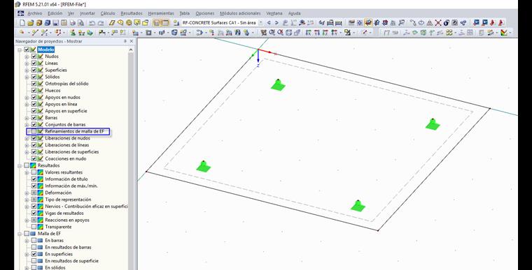 Mostrar navegador con la visualización desactivada del refinamiento de malla de elementos finitos