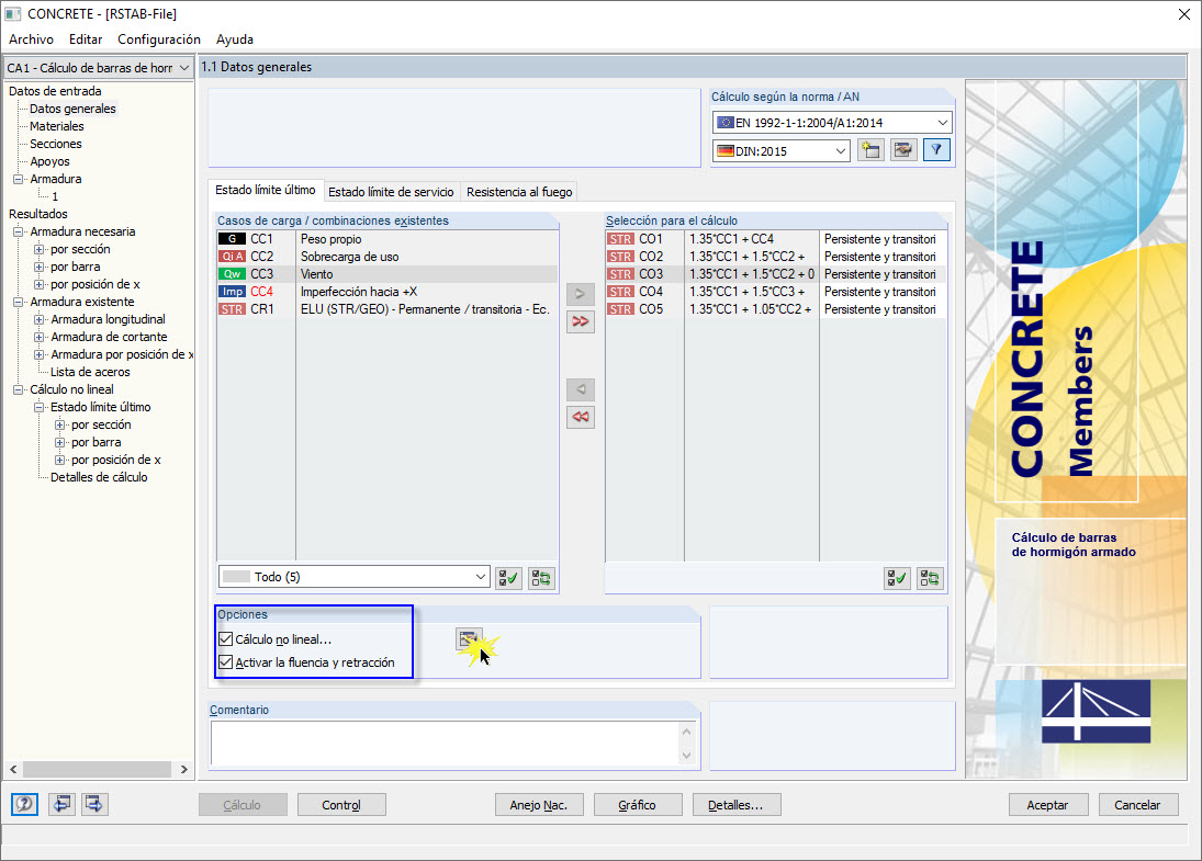 Cuadro de diálogo "Datos generales" en CONCRETE