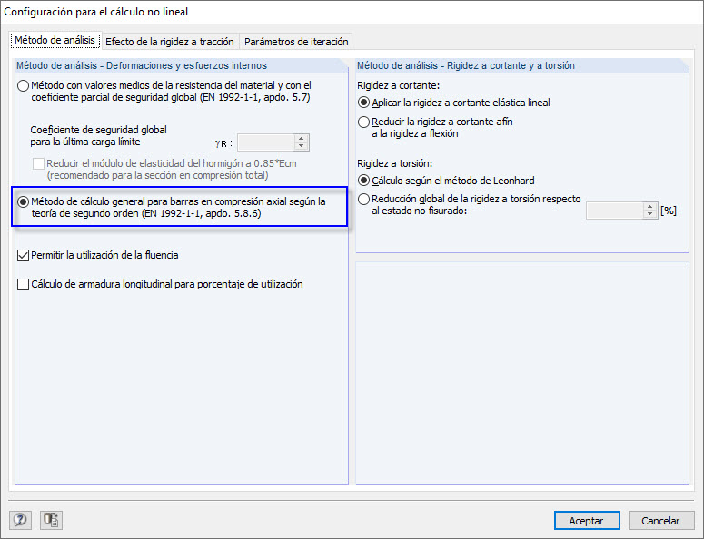 Cuadro de diálogo "Configuración para cálculo no lineal": Método general para barras de compresión