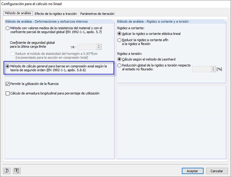 Cuadro de diálogo "Configuración para cálculo no lineal": Método general para barras de compresión