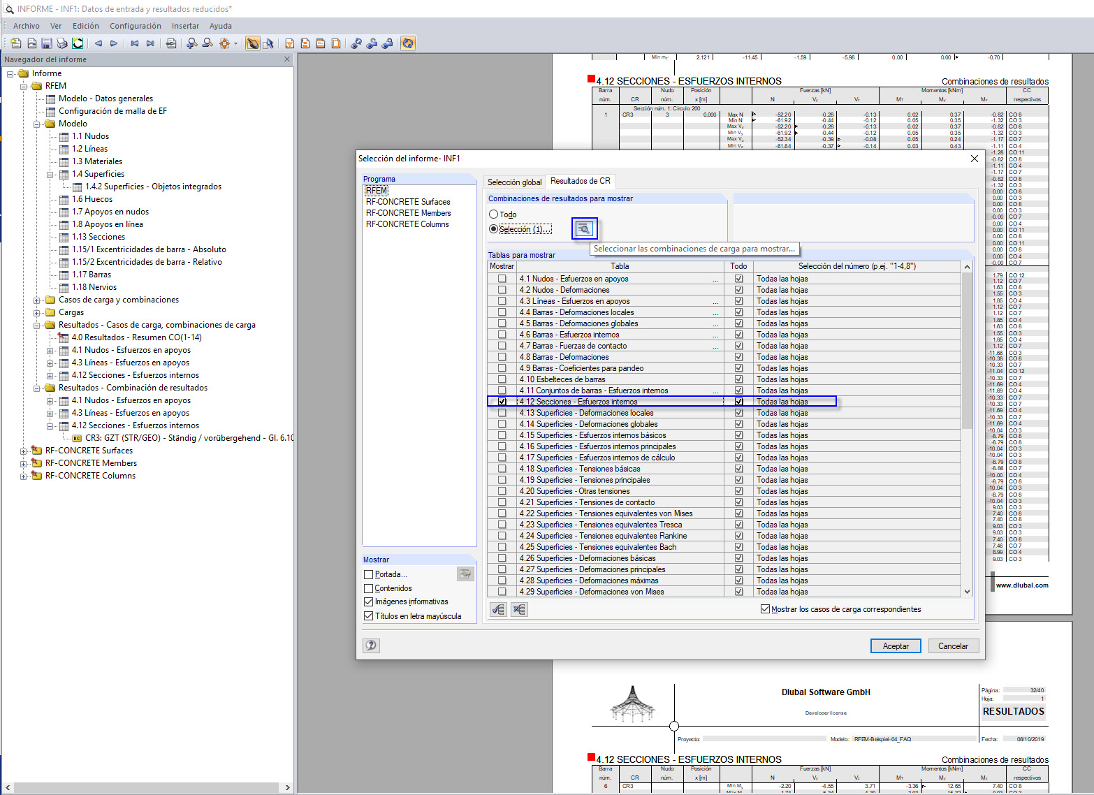 Selección de casos de carga para mostrar