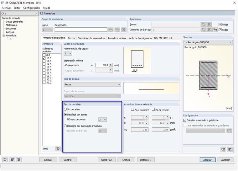 Opción para escalonar la armadura