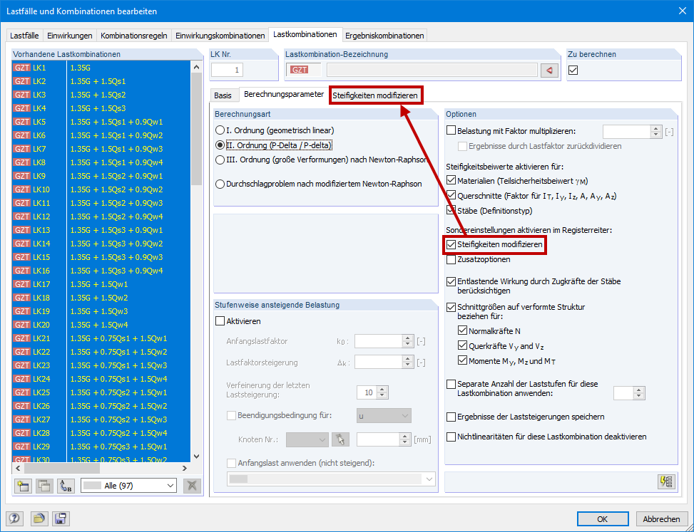 Modificación de rigideces para combinaciones de carga