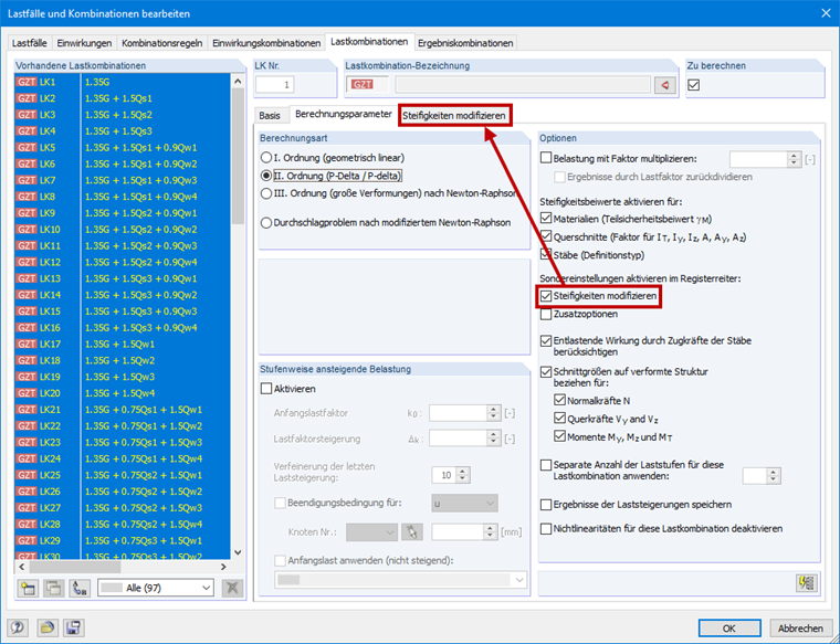 Modificación de rigideces para combinaciones de carga