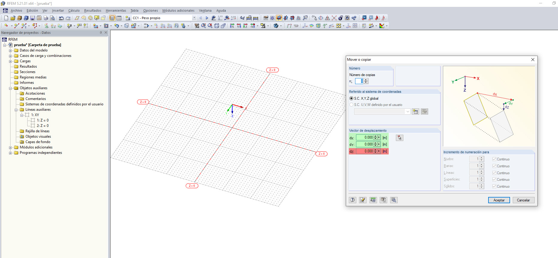 Mover o copiar líneas auxiliares creadas en el plano de trabajo XY solo es posible en las direcciones X e Y