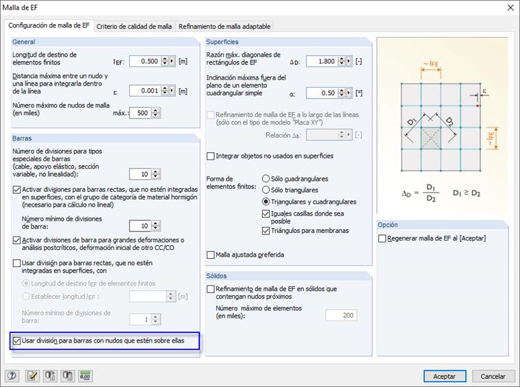 Configuración de malla de elementos finitos (EF) en RF-GLASS