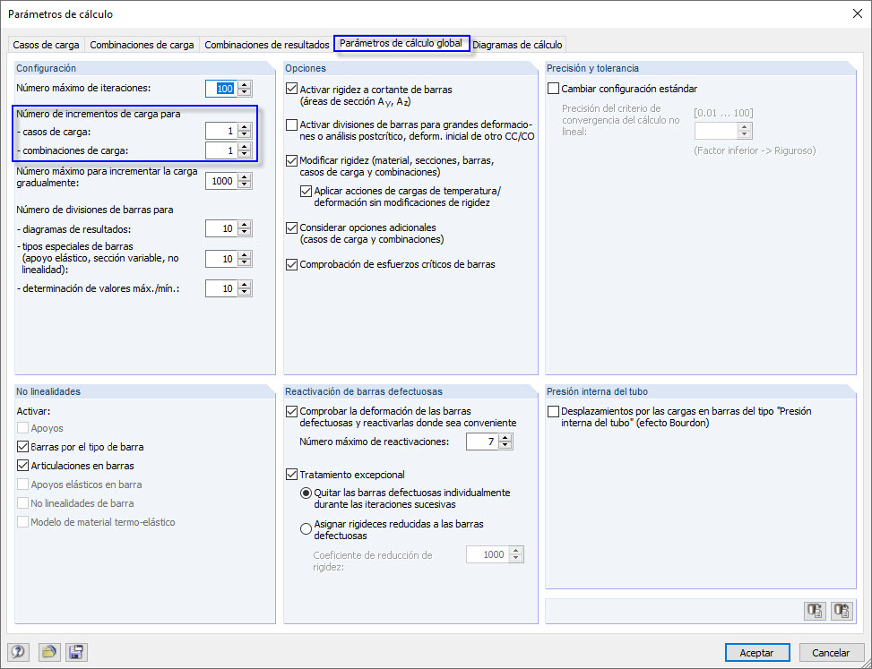 Parámetros de cálculo global con definición de incrementos de carga