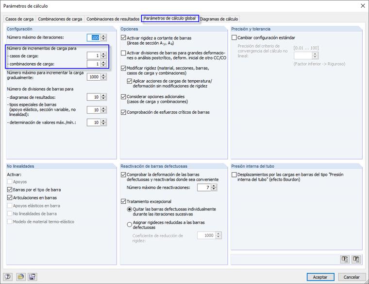 Parámetros de cálculo global con definición de incrementos de carga