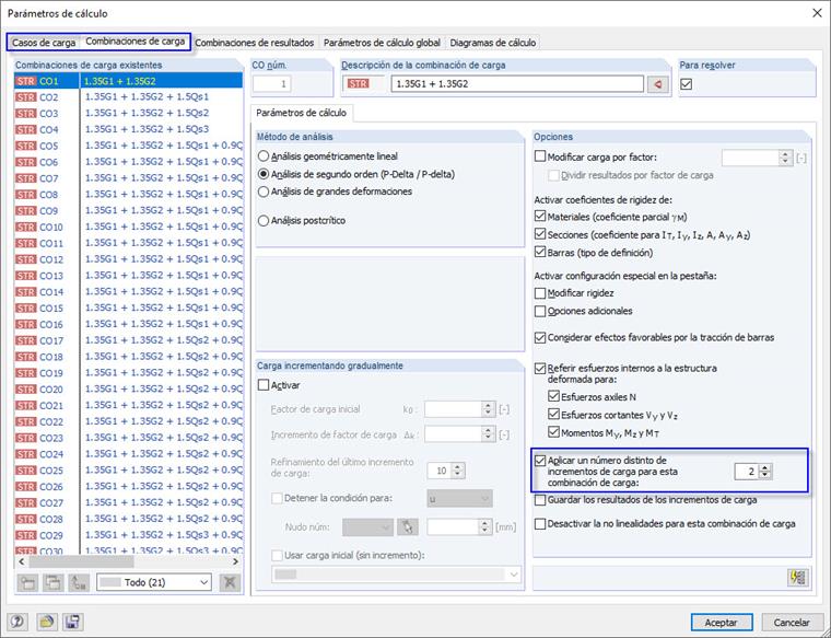 Número separado de incrementos de carga para combinaciones de carga específicas