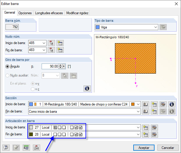 Articulación con deslizamiento en dirección positiva y negativa solo en el extremo de una barra