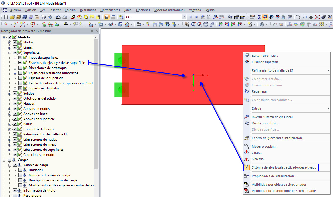 Activación de sistemas de ejes de superficies locales