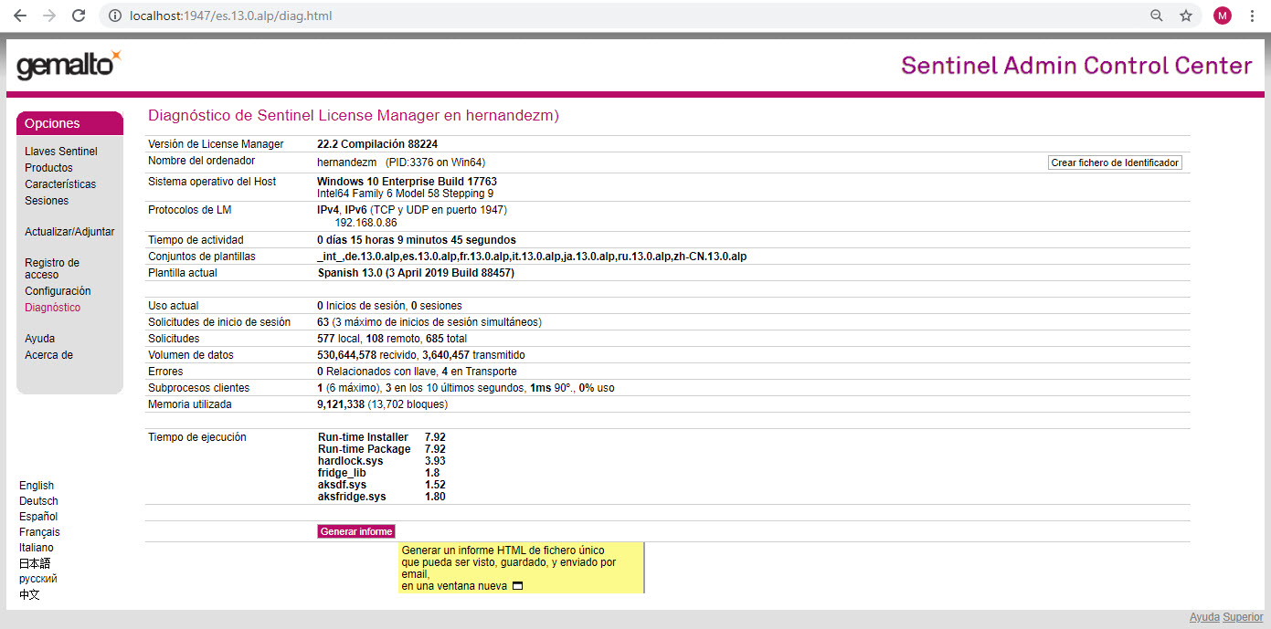 Generación de informe de diagnóstico en el Centro de control de administración