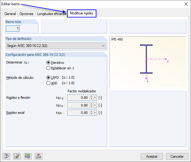 Modificación de la rigidez de las barras