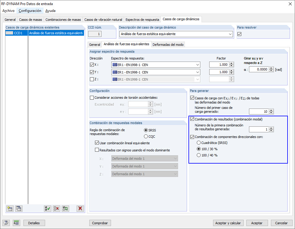 Exportación de combinaciones de resultados desde RF -DYNAM Pro - Cargas equivalentes