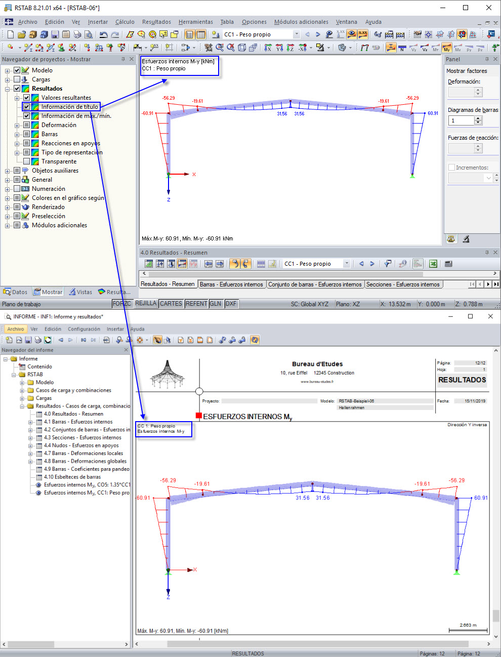 Información del encabezado en la ventana de trabajo y el informe