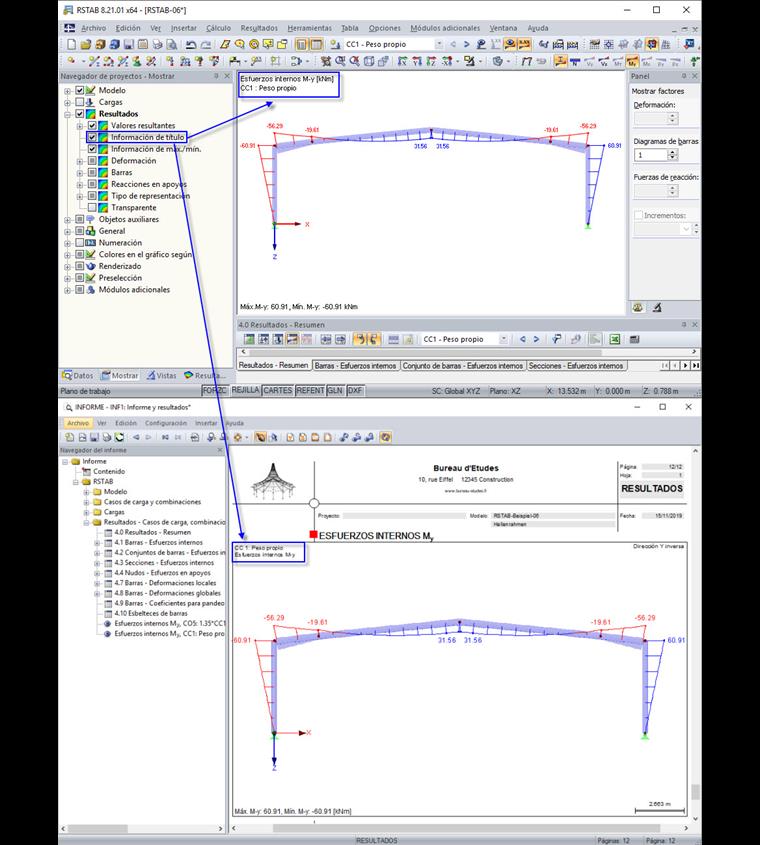 Información del encabezado en la ventana de trabajo y el informe