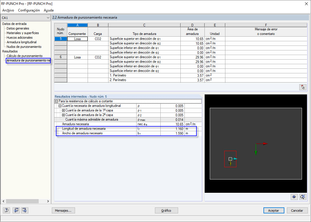 Longitud y ancho de la armadura longitudinal