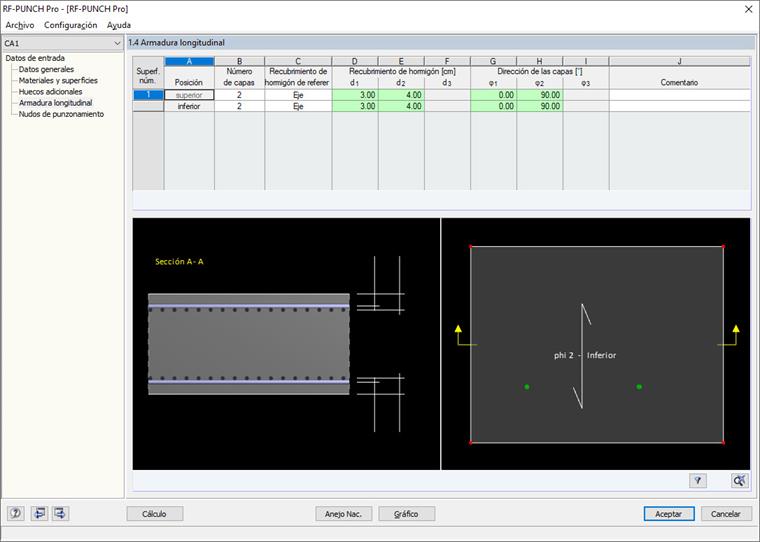Ventana 1.4 con posición de la armadura longitudinal