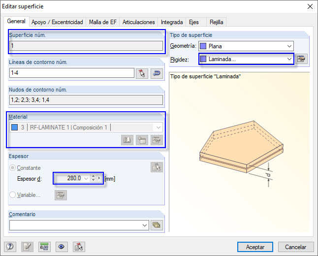 Cuadro de diálogo "Editar superficie" de la superficie núm. 1 con la rigidez de RF-LAMINATE [*S14647729*]