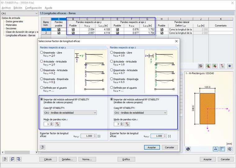 RF-/TIMBER Pro con cuadro de diálogo para importar longitudes eficaces determinadas