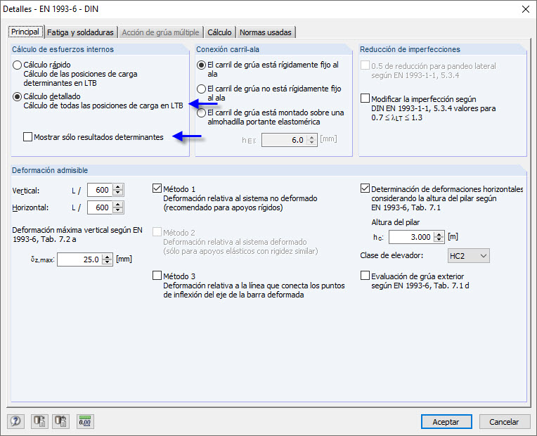 Programa CRANEWAY | Cuadro de diálogo "Detalles"