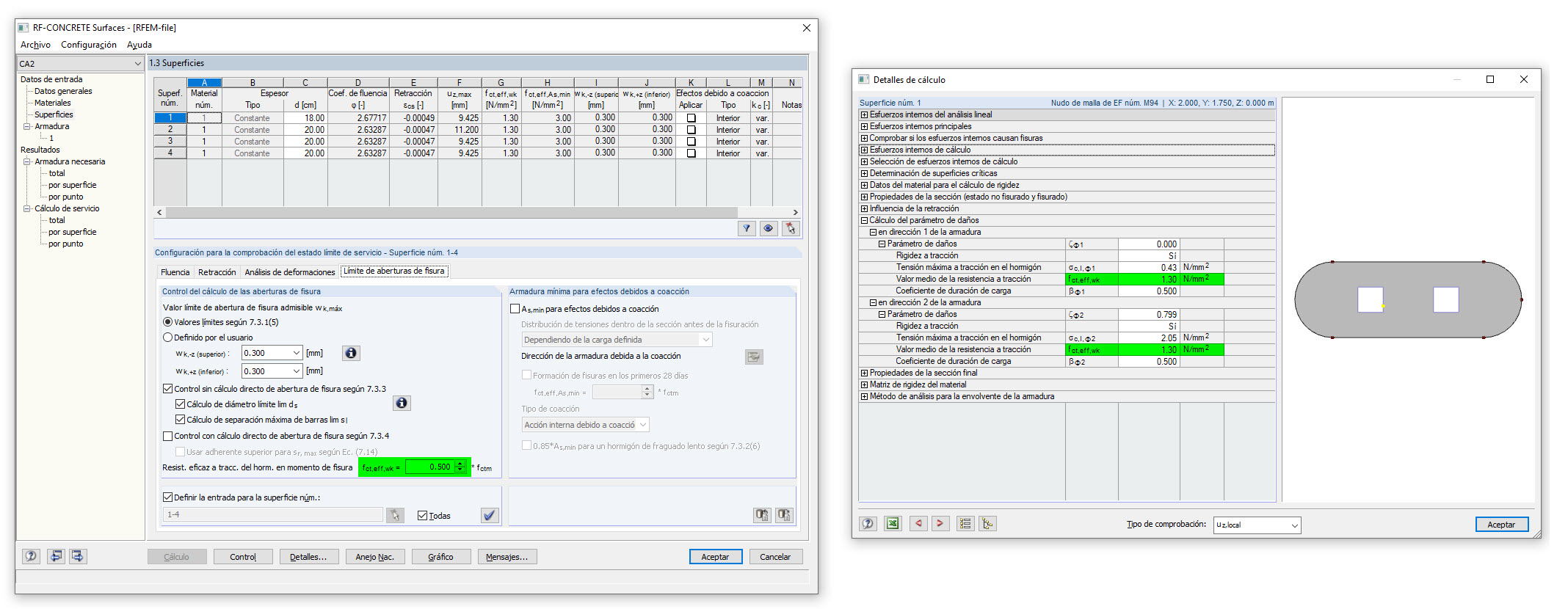 Resistencia efectiva a tracción del hormigón en el momento de la fisuración con factor 0,50
