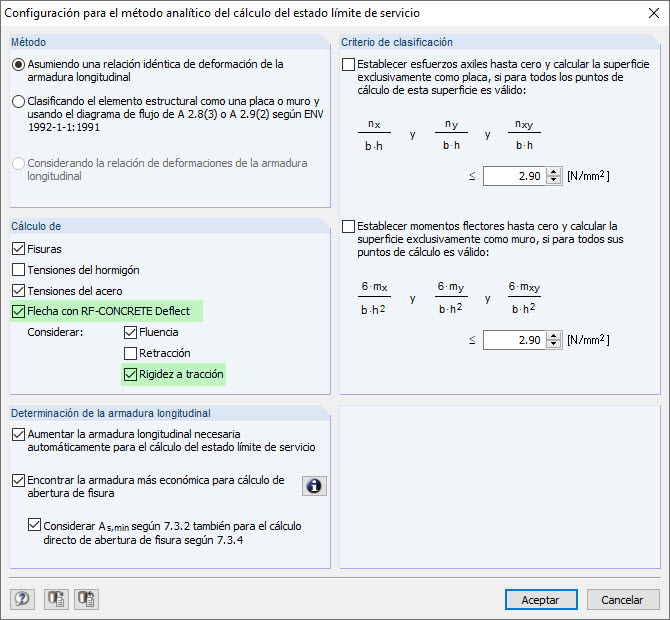 Cuadro de diálogo con la configuración para el cálculo analítico del estado límite de servicio