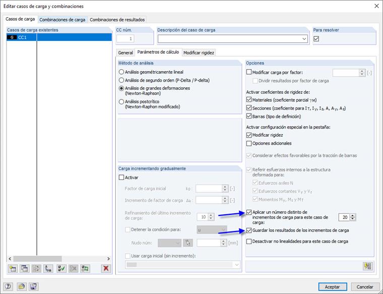 Aumentar el número de incrementos de carga y guardar resultados intermedios
