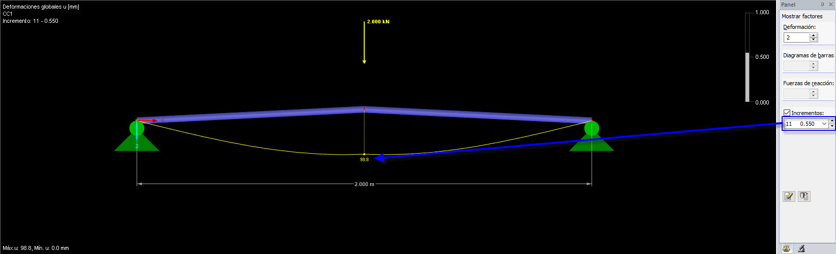 Incremento de carga 11 como primer incremento de carga después de una falla postcrítica (deformación significativamente mayor)