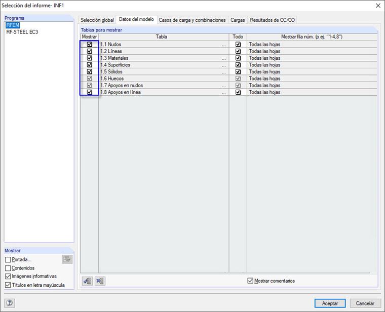 Cuadro de diálogo "Selección del informe de impresión", pestaña "Datos del modelo"