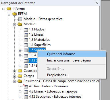 Menú contextual "Eliminar del informe" en el navegador del informe