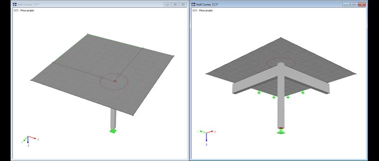 Esquina de muro hecha de vigas de cuelgue