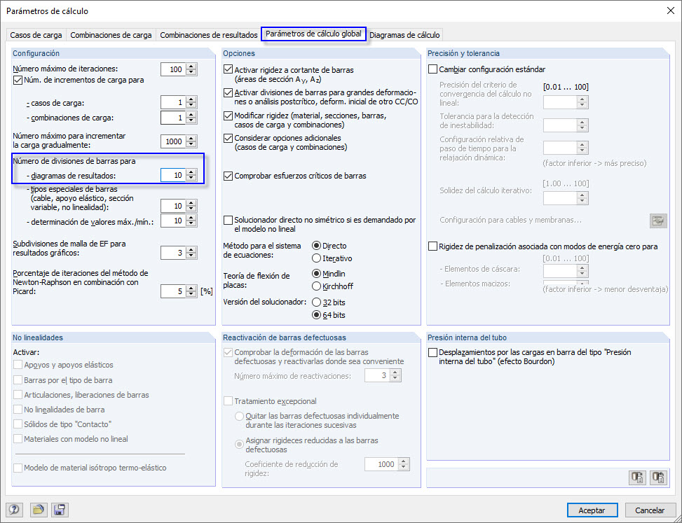 Configuración predeterminada para el número de divisiones de barras en los parámetros de cálculo global