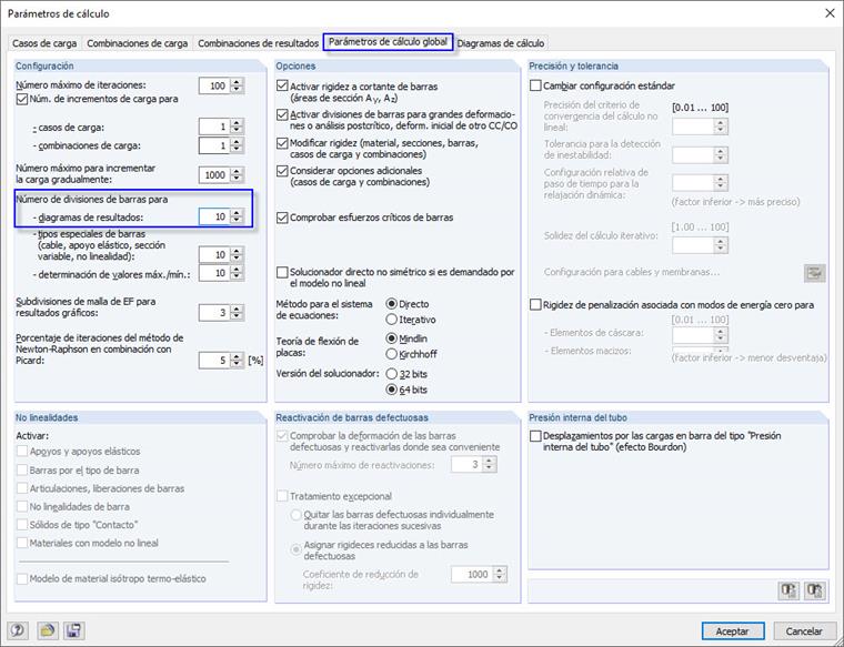 Configuración predeterminada para el número de divisiones de barras en los parámetros de cálculo global