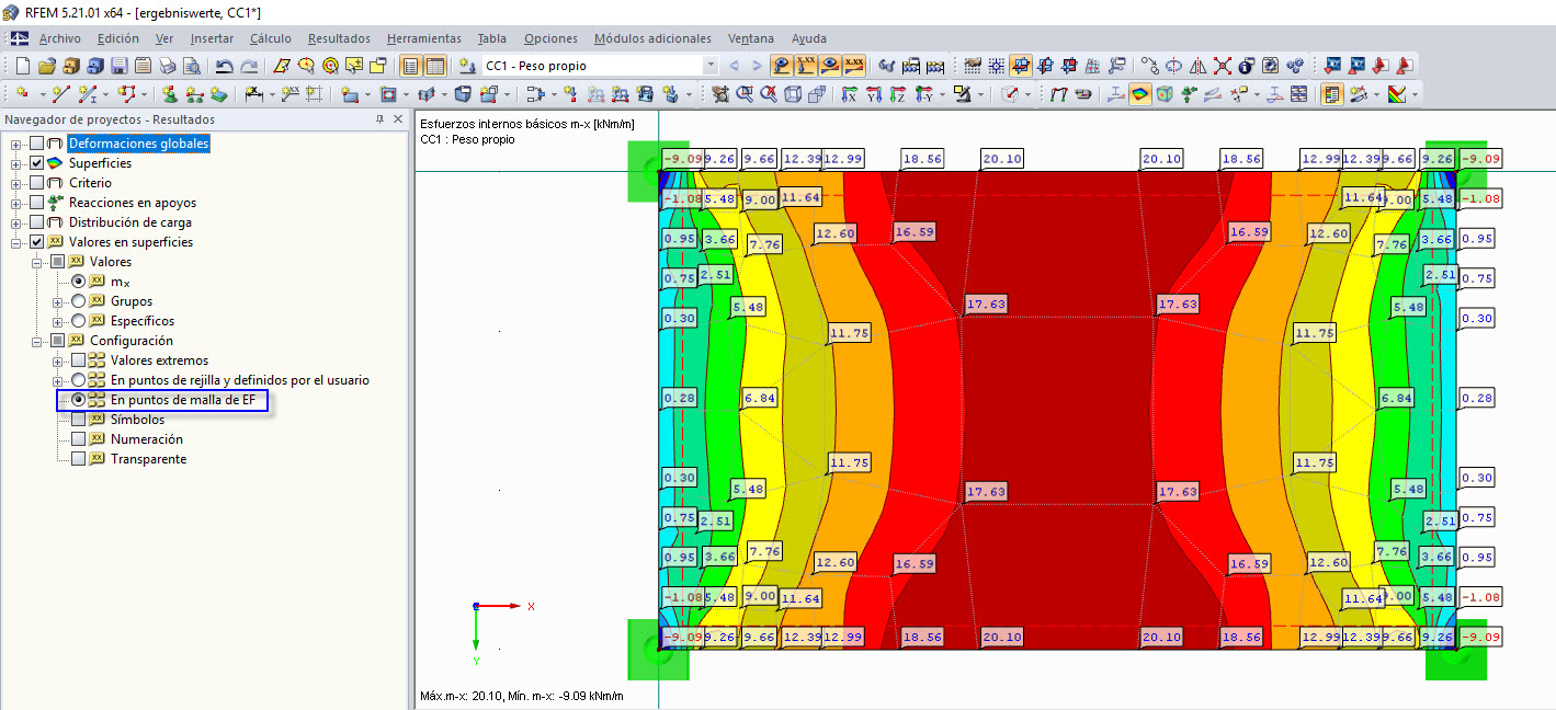 "Valores en superficies" en puntos de malla de elementos finitos