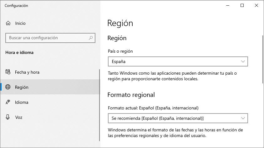 Ajuste de la región