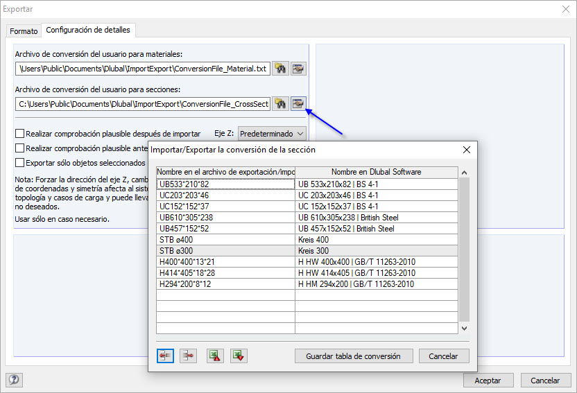 Archivo de conversión de cliente para secciones
