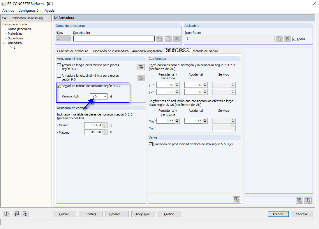 Opción para armadura de cortante mínima