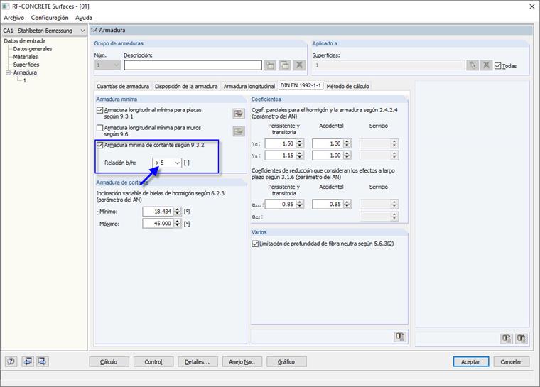 Opción para armadura de cortante mínima