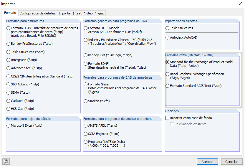 Opciones de importación adicionales a través del módulo RF-LINK