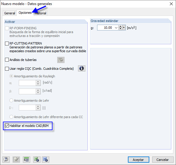 Activación de la opción CAD/BIM después de seleccionar el archivo para importar