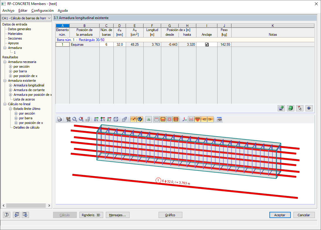 Armadura en el módulo adicional RF-CONCRETE Members