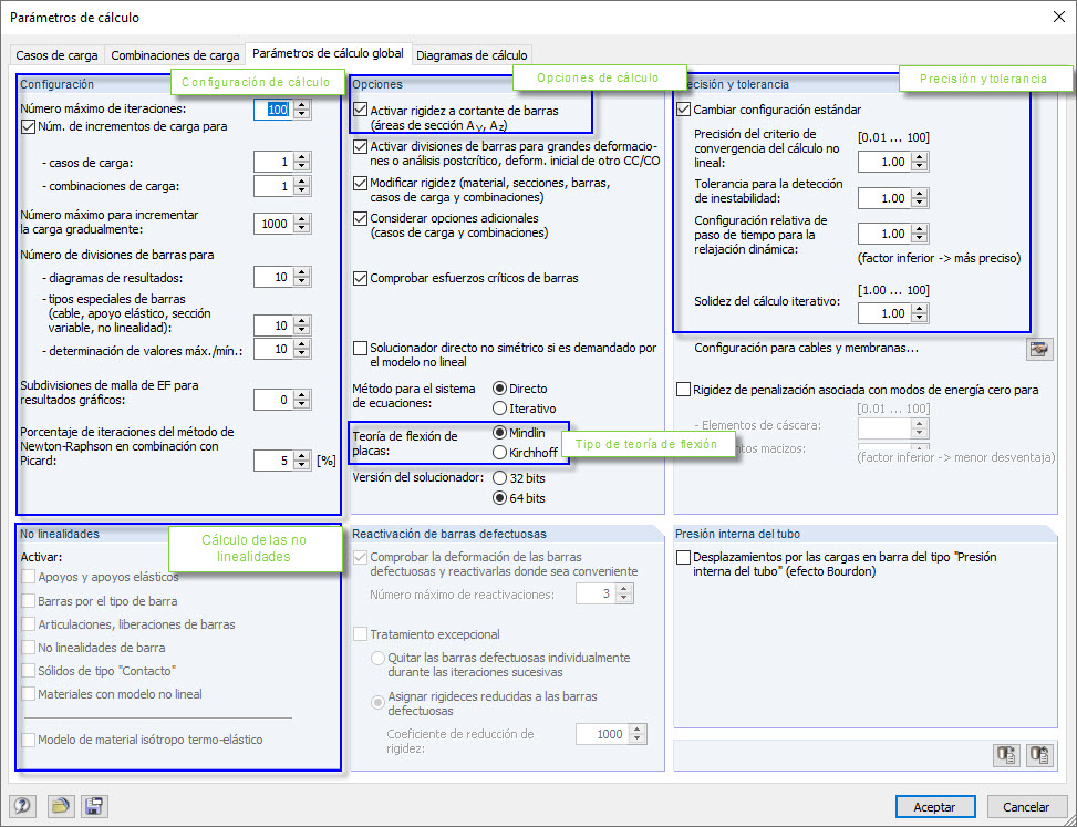 Opciones seleccionadas para modificar los parámetros de cálculo a través de la interfaz COM