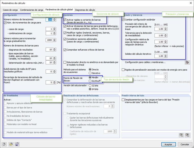 Opciones seleccionadas para modificar los parámetros de cálculo a través de la interfaz COM