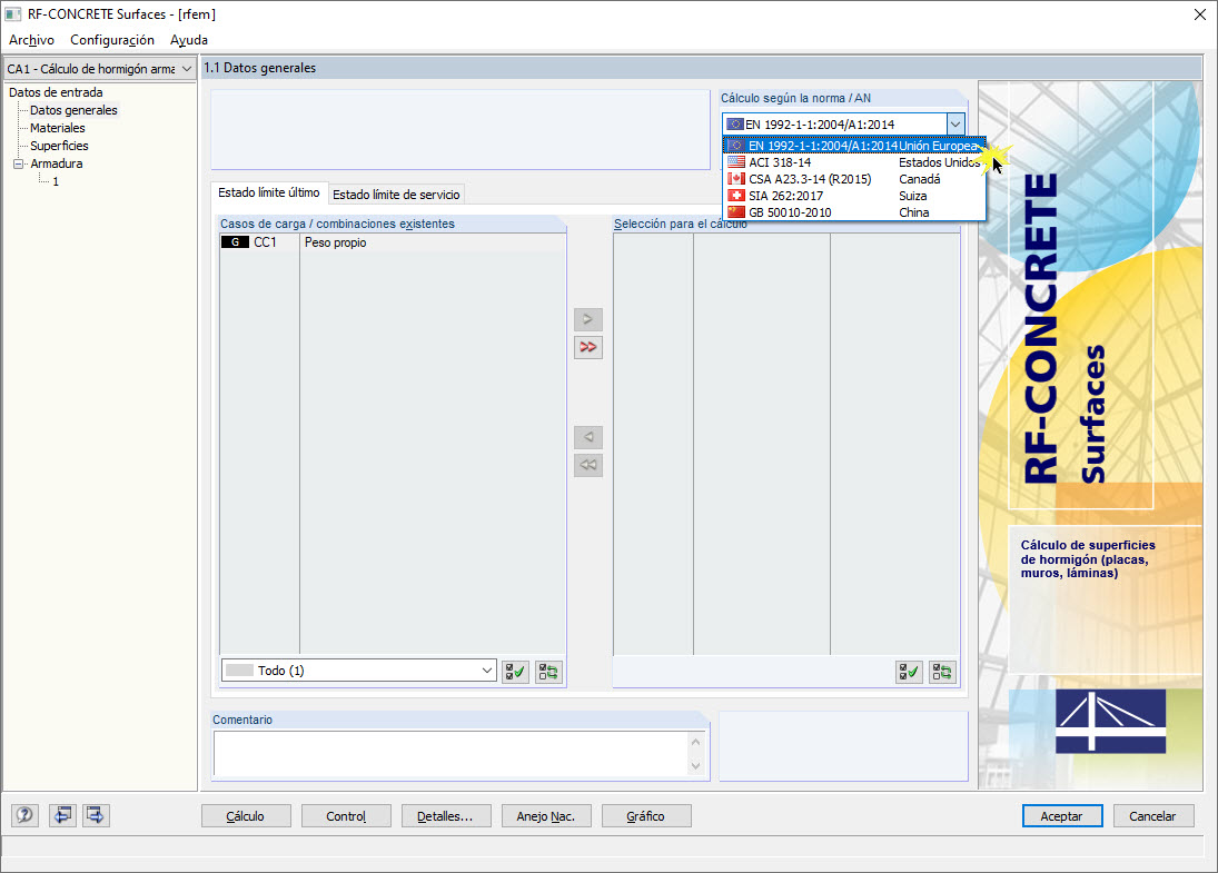 Selección de EC2 en RF-CONCRETE Surfaces
