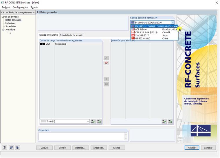 Selección de EC2 en RF-CONCRETE Surfaces