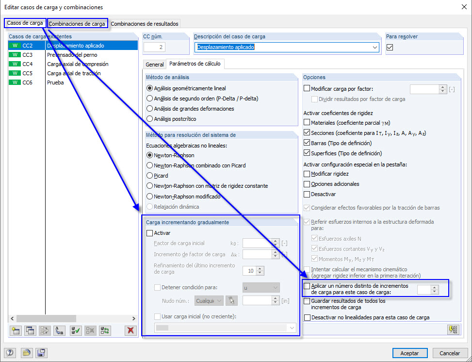 Casos de carga y combinaciones - Parámetros de cálculo