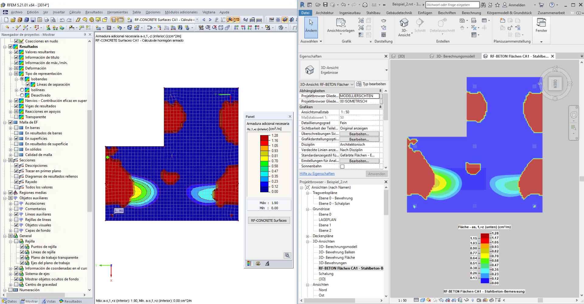 Comparación de la visualización de RFEM y REVIT de la armadura adicional necesaria para una rejilla de 0,1 m