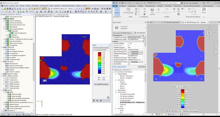 Comparación de la visualización de RFEM y REVIT de la armadura adicional necesaria para una rejilla de 0,1 m